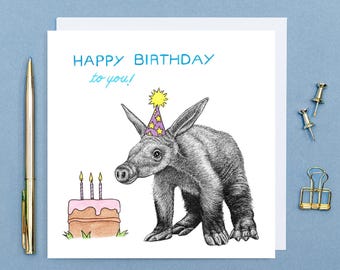 Biglietto di compleanno Aardvark // Biglietto di compleanno a tema animale // Carini biglietti d'auguri con animali per amici, Biglietti di compleanno ecologici // Biglietti con animali selvatici disegnati a mano