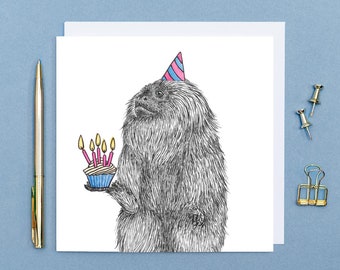 Verjaardagskaart aap cupcake // gouden leeuw tamarin aap, dierenkunstkaarten voor haar, milieuvriendelijke kaarten voor vriend, blanco kaarten