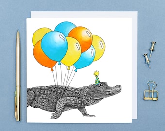 Carte d'anniversaire crocodile fête // carte d'anniversaire animal, cartes d'anniversaire pour lui, art animalier dessiné à la main, carte d'anniversaire écologique