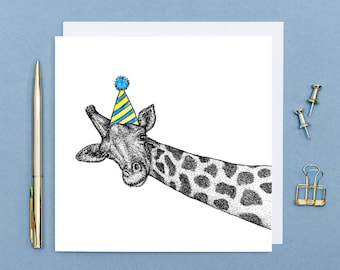 Party giraffe birthday card // Animal birthday card // Hand drawn birthday card // Eco-friendly animal art cards // Cards for friend
