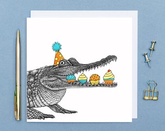 Carte d'anniversaire gâteau crocodile // carte d'anniversaire animal, cartes d'anniversaire pour lui, art animalier dessiné à la main, carte d'anniversaire écologique