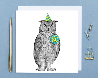 Funny 60th birthday card // animal art, cards for men, cards for friend, blank cards, 60th birthday cards for him, owl cards
