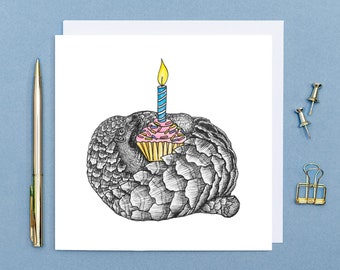 Pangolin birthday card // animal art cards, birthday cards for her, cupcake celebration card, cards for friend, eco-friendly blank card