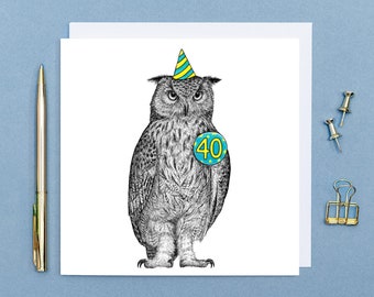 Grappige 40e verjaardagskaart // dierenkunst, kaarten voor mannen, kaarten voor vriend, uilkaarten, 40e verjaardagskaarten voor hem, milieuvriendelijke kaarten