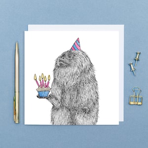 Monkey cupcake birthday card // golden lion tamarin monkey card, animal art cards for her, eco friendly cards for friend, blank cards