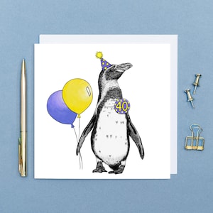 Pinguin Geburtstagskarte 40. // Karten für Frauen, Karten für Männer, Karten für Frauen, Blanko-Karten, Karte für Ihn