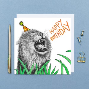 Carte d'anniversaire lion // Cartes d'anniversaire animaux // Cartes d'anniversaire dessinées à la main // Carte d'art animalier, cartes pour lui, cartes pour ami // Respectueux de l'environnement