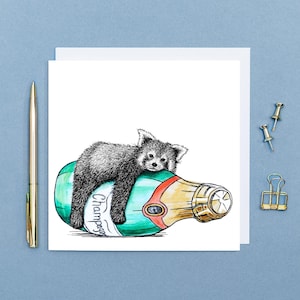Red panda congratulations card // animal art, champagne card, cards for her, cute card, well done card, wedding card, new home card