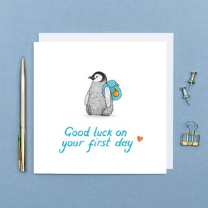 Veel succes pinguïnkaart // "Veel succes op je eerste dag" // Eerstedagskaart, schattige eerstedagkaart, milieuvriendelijke kaart, schattige pinguïn