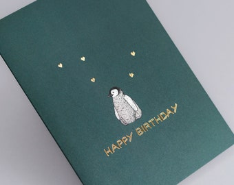 Luxury penguin birthday card // Gold foil card for her, happy birthday cards for friend, cute penguin, animal art card