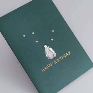Luxury penguin birthday card // Gold foil card for her, happy birthday cards for friend, cute penguin, animal art card