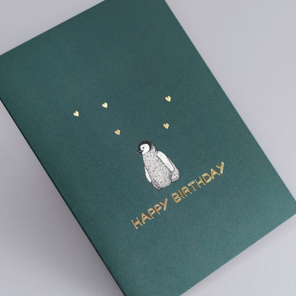 Carte d'anniversaire de pingouin de luxe// Carte de feuille d'or pour elle, cartes de joyeux anniversaire pour un ami, pingouin mignon, carte d'art animalier