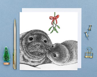Seehunde Weihnachtskarte // Süße Weihnachtskarte // Süße Weihnachtskarte mit Tieren // Süße Tierkunst // Weihnachtskarte für Mama, Frau, Mann oder Partner
