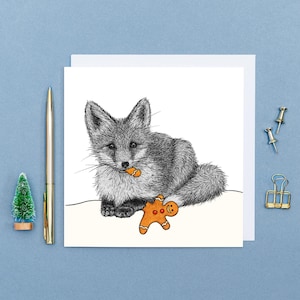 Carte de Noël renard // Carte de Noël amusante // Carte de Noël animal // Carte d'art animalier dessinée à la main // Carte de Noël écologique animal mignon
