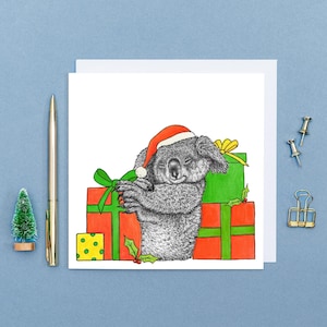 Cartão de Natal fofo de coala // Cartões de Natal de animais // Cartões de Natal fofos // Cartões ecológicos desenhados à mão // Cartão de vida selvagem australiana