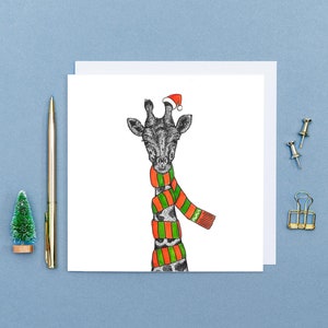 Snug giraffe Christmas card // Funny Christmas cards // Animal Christmas cards // Hand drawn art cards // Eco-friendly wildlife art cards