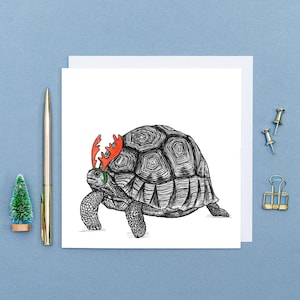 Carte de Noël amusante avec une tortue // Cartes de Noël avec des animaux // Cartes de Noël amusantes // Cartes de Noël écologiques dessinées à la main pour lui