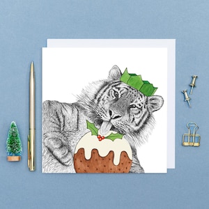 Tarjeta navideña de tigre // Tarjeta divertida con arte animal, tarjeta de vida silvestre, tarjetas ecológicas en blanco, tarjetas navideñas de animales