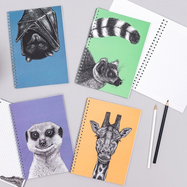 A5 spiral bound notebook with choice of four animal covers (and illustrations inside) // Animal art, lined notebook, eco recycled notebook