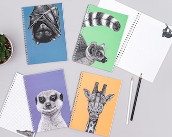 A5 spiral bound notebook with choice of four animal covers (and illustrations inside) // Animal art, lined notebook, eco recycled notebook