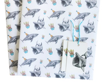 Shark Birthday gift wrap and tags set // animal wrapping paper; hand drawn wildlife; under the sea; marine theme