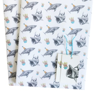 Shark Birthday gift wrap and tags set // Two sheets and two tags // Animal wrapping paper // Hand drawn shark wrapping paper for kids