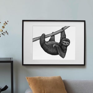 Sloth A4 art print // Black and white sloth drawing, sloth gift, sloth wall decor, wildlife gift ideas // Pen and ink art // Animal wall art