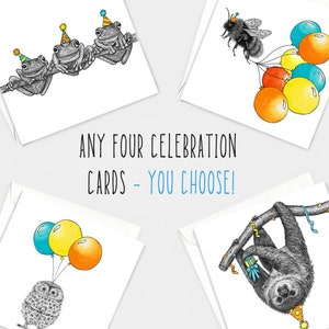 Choisissez quatre cartes au choix ! // Lot de cartes d'anniversaire animal, cartes pour hommes, cartes pour elle, lot de cartes d'anniversaire écologiques, cartes animalières dessinées à la main
