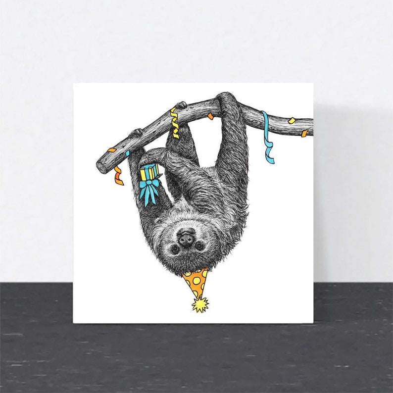 Sloth Birthday card // Animal birthday card // Cute animal art cards for friend, Eco-friendly birthday cards // Hand-drawn wildlife cards image 1