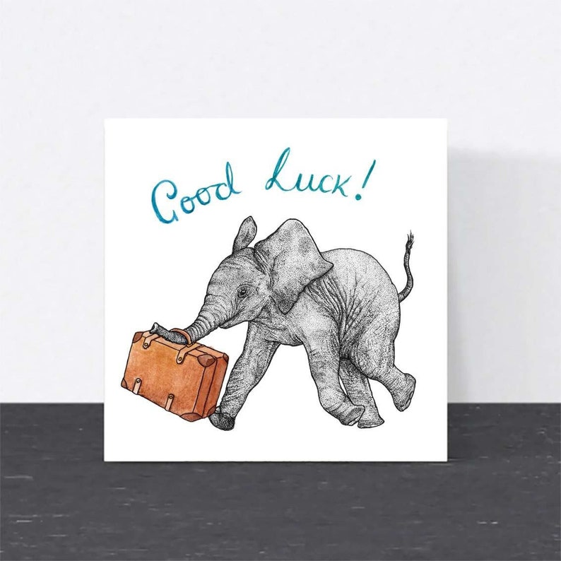 Cute elephant good luck card // animal art, good luck travel card, good luck university card, moving house, eco-friendly blank card image 1