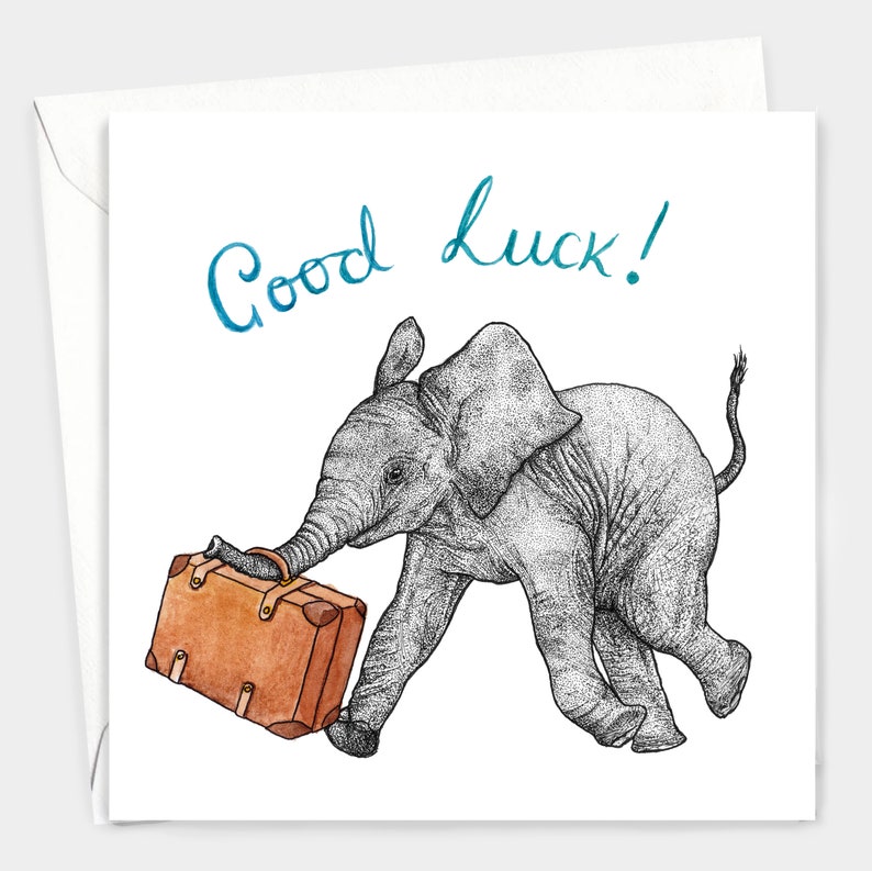 Cute elephant good luck card // animal art, good luck travel card, good luck university card, moving house, eco-friendly blank card image 3