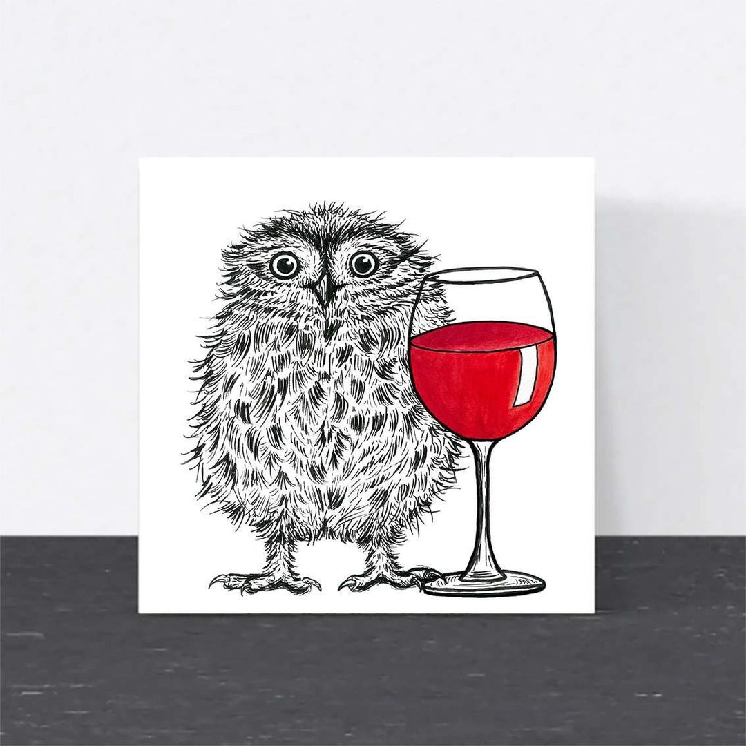 Cute Wine Owl Birthday Card // Ecofriendly Animal Art Cards, Cards for