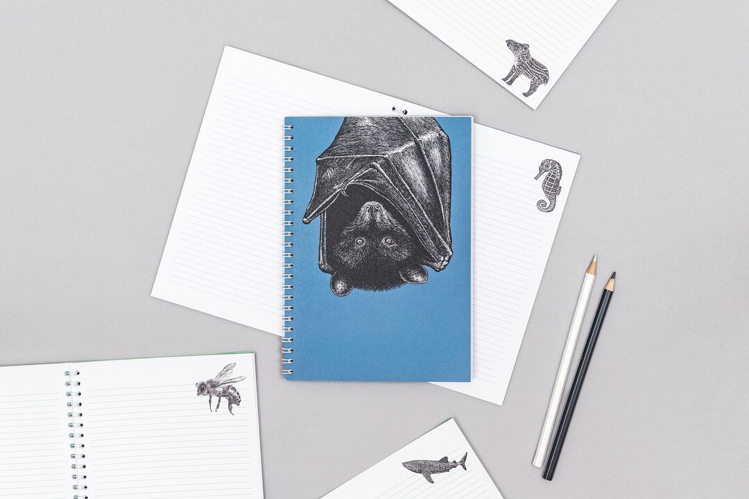 Bat Notebook A5 Bat Notebook With Illustrated Pages // Spiral Notebook, Animal Art ...