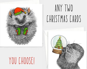 Choose any two Christmas cards! // Christmas card bundle, animal art card pack, eco friendly wildlife cards, funny Christmas animal cards