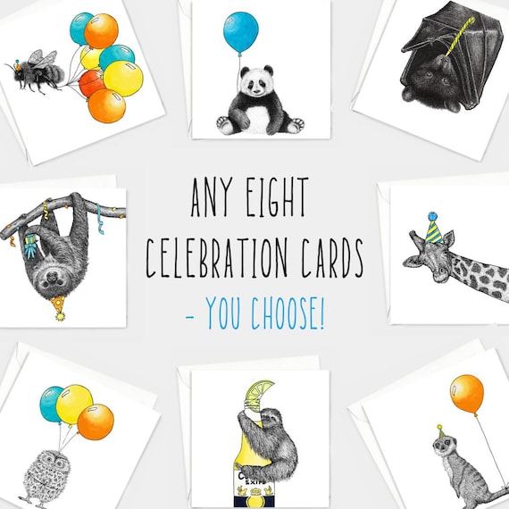 Choose any eight cards! // Animal birthday card pack, eco card bundle, cards for men, cards for her, blank hand-drawn animal art cards