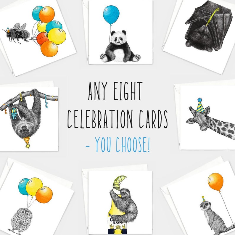 May include: Eight different greeting cards featuring various animals, including a sloth, panda, giraffe, and owl. Each card has a unique design and is perfect for celebrating any occasion.