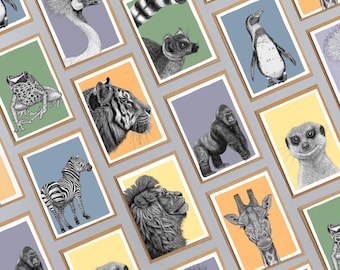 Op de afbeelding: Een verzameling wenskaarten met verschillende dieren, waaronder een leeuw, een giraffe, een zebra, een gorilla, een tiger en een surikat. De kaarten zijn in een rasterpatroon op een lichtbruin oppervlak gerangschikt.
