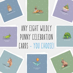 Choisissez huit cartes au choix ! // Paquet de cartes d'anniversaire avec des animaux amusants, des jeux de mots d'anniversaire, un lot de cartes d'anniversaire écologiques, des cartes dessinées à la main sur la faune