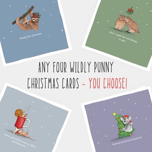 Choisissez quatre cartes de Noël Wildly Punny ! // Lot de cartes de Noël animal, jeux de mots amusants pour les fêtes, art animalier // Lot de cartes écologiques