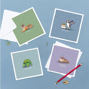 Pu&ograve; includere: Quattro biglietti di auguri quadrati con illustrazioni di animali. Una tigre, una pulcinella di mare, una tartaruga e una lontra sono raffigurate con cappelli da festa. Ogni biglietto ha un colore di sfondo unico e il testo: "Feline old?", "better get puffin!", "Let's shell-ebrate!" e "Have an utterly amazing day".