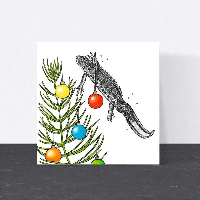 Newt Christmas card // animal art, great crested newt British wildlife card for ecologists, gardeners and wildlife lovers, blank, eco card image 1