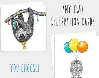 Choisissez deux cartes au choix ! // Paquet de cartes d'anniversaire avec animaux, lot de cartes d'anniversaire écologiques, cartes pour lui, cartes d'animaux dessinées à la main, cartes d'animaux rigolotes