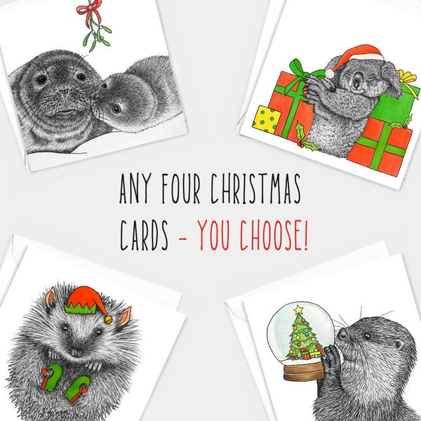 Choose four Christmas cards! // Animal Christmas card pack, animal art, eco-friendly wildlife card bundle, cute funny unique animal cards