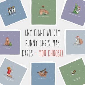 Wähle acht Wildly Punny Weihnachtskarten aus! // Lustige Weihnachtskarten Set // Tierkunst Weihnachtskarten Set // Einzigartige Weihnachtskarten