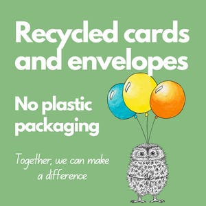 May include: A green background with white text that reads "Recycled cards and envelopes. No plastic packaging. Together, we can make a difference."  There is a small, black and white illustration of an owl holding three balloons. The balloons are blue, yellow, and orange.