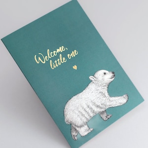 Carte de naissance de luxe pour bébé // Carte « Bienvenue, petit » en feuille d'or avec un ours polaire, jolie carte de naissance pour bébé, félicitations pour bébé garçon, petite fille