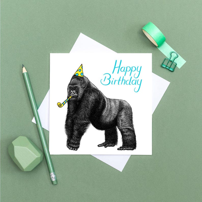 Silverback gorilla birthday card // Animal art birthday cards for him // Birthday card for men // Hand drawn birthday card // Cards for dad image 9