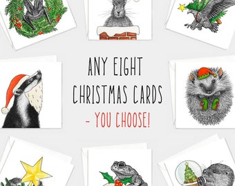 Choose any eight Christmas cards! // Animal art Christmas card pack, eco-friendly card bundle, unique Christmas cards, blank xmas cards