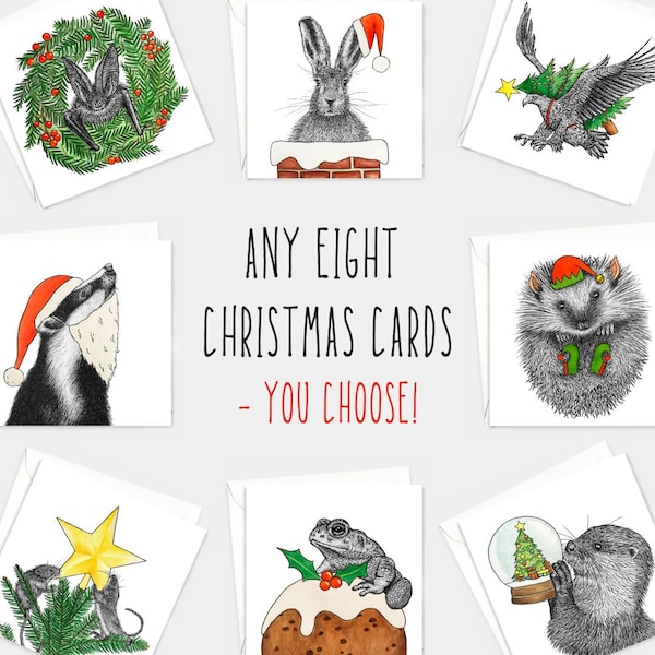 Choose any eight Christmas cards! // Animal art Christmas card pack, eco-friendly card bundle, unique Christmas cards, blank xmas cards