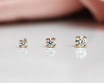 14K Diamond Studs, Lab Made Diamond Earrings, Layering Studs, Everyday Wear, Real Gold, Natural Diamond, Tiny Studs, Post Earrings, 4 Prong